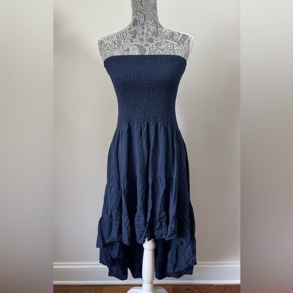 Strapless Navy-Blue High-Low Ruffle Dress - Picture 3 of 7